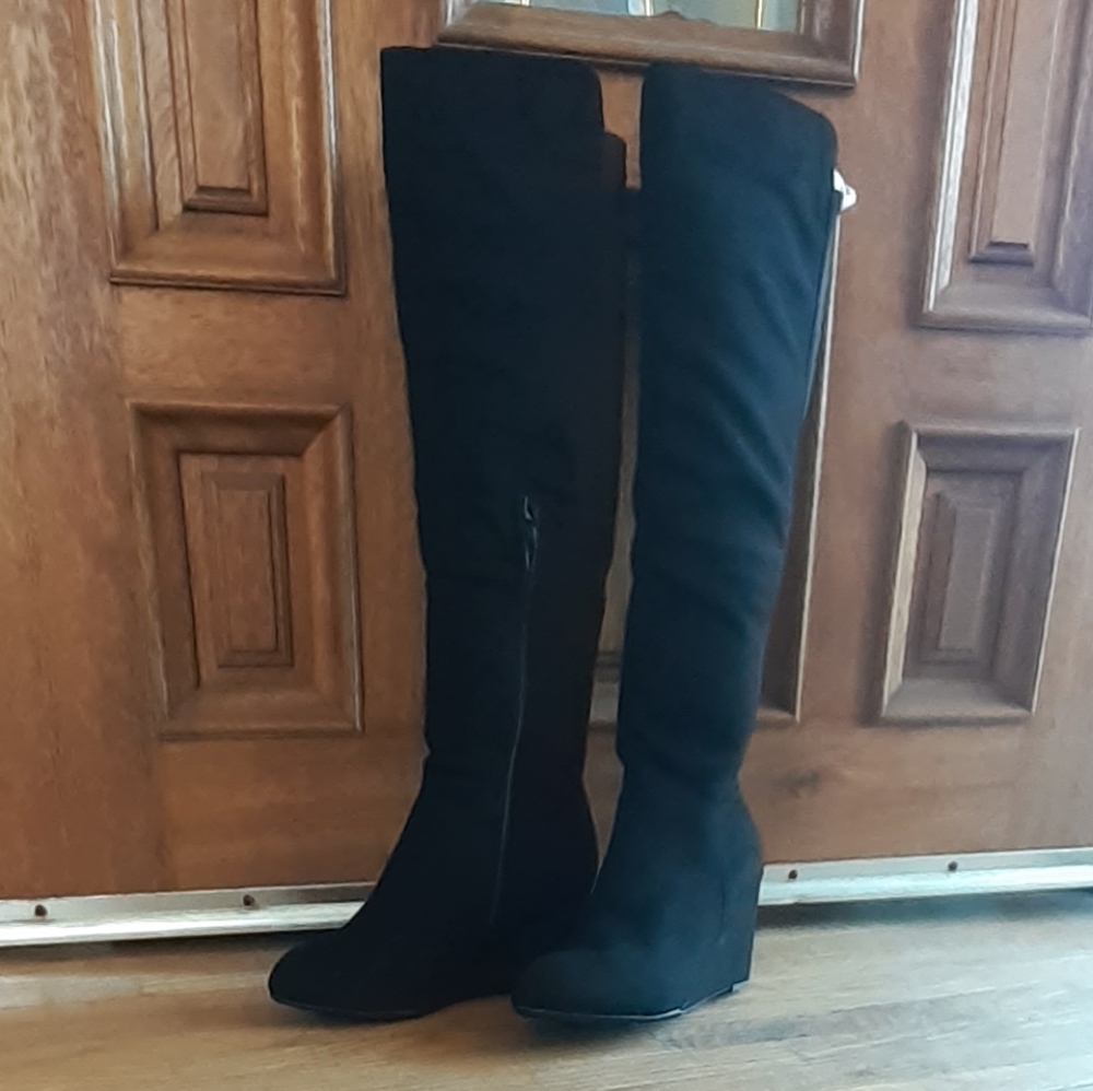 Chinese Laundry Black Suede Over-the-Knee Wedge Boots
